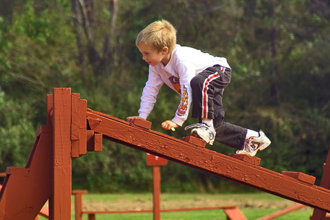 boy climbing obstacle course