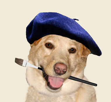 dog with artist's beret and brush